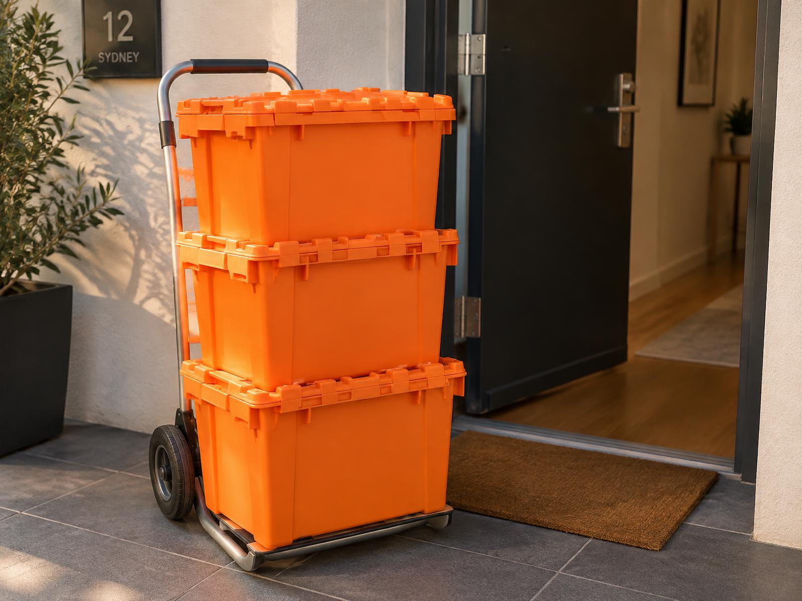 Stack of orange plastic moving crates on a dolly at a Sydney apartment door