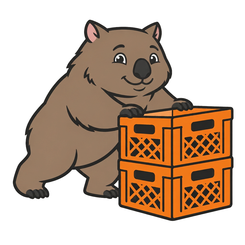 Wal the wombat, happy, pushing a stack of orange crates